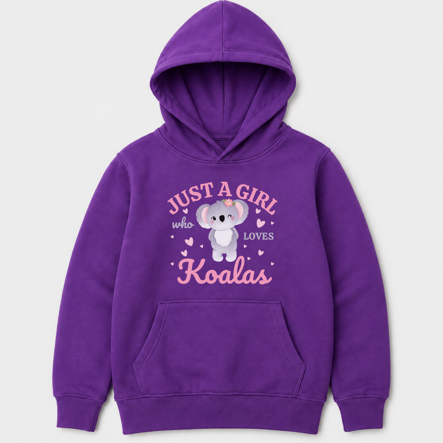 Purple girls’ pullover hoodie with a koala and Just a Girl Who Loves Koalas design.