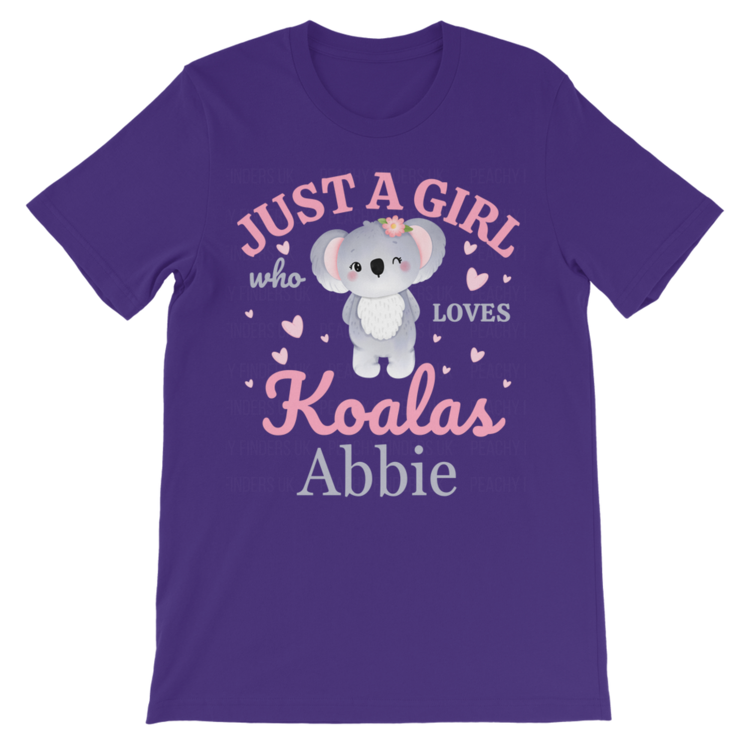 Personalised purple koala t-shirt for girls with name, cute kids animal design tee UK