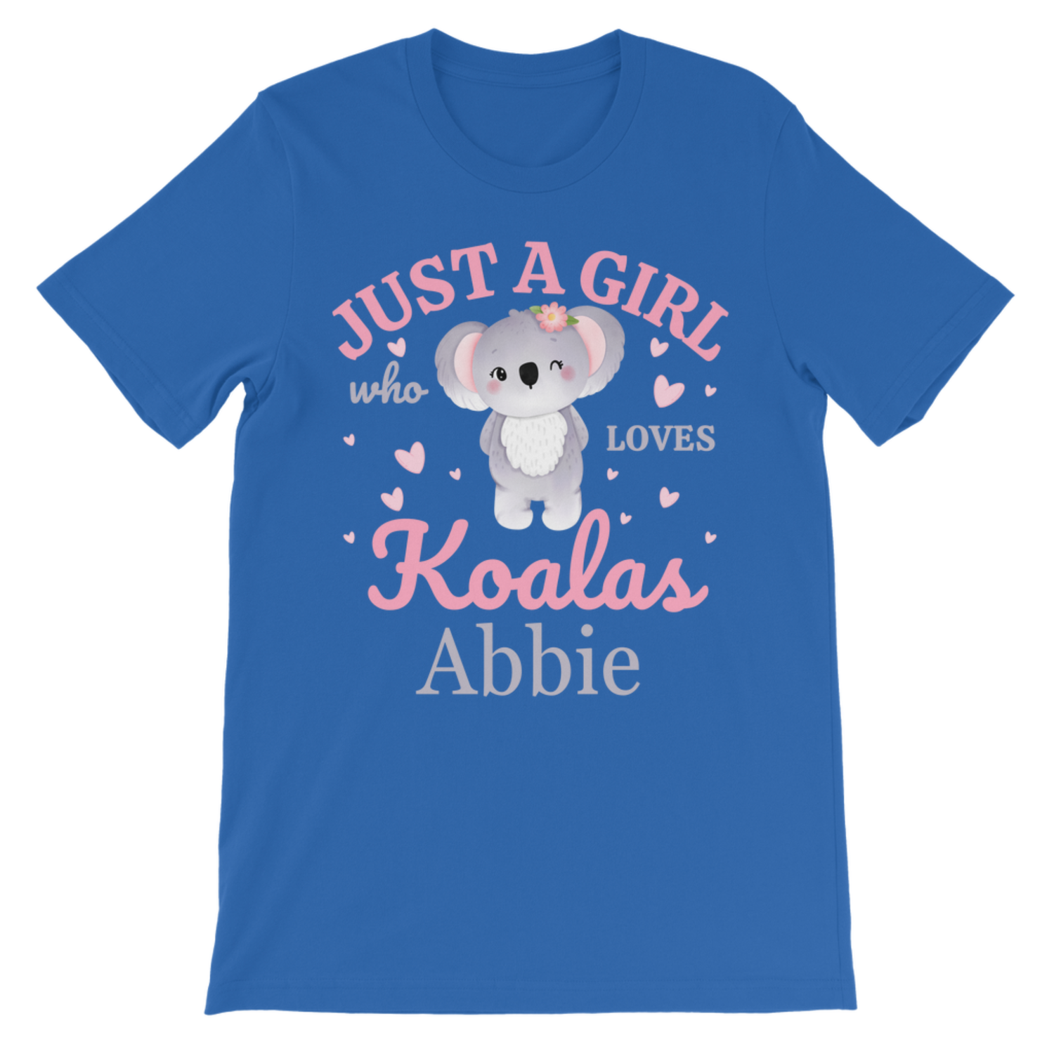 Personalised royal blue koala t-shirt for girls with custom name, cute koala graphic kids shirt