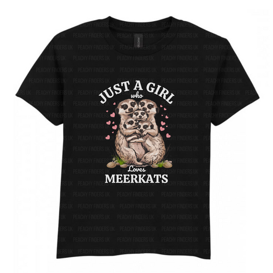 Kids black t-shirt with meerkat design and just a girl who loves meerkats text 