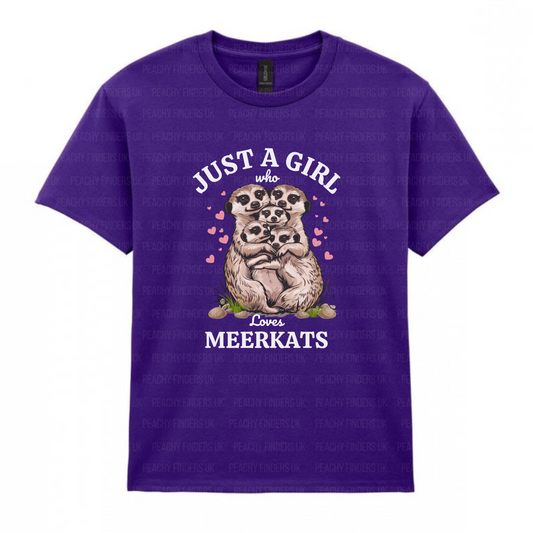 Kids purple t-shirt with meerkat design and just a girl who loves meerkats text 
