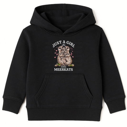 Girls black hoodie featuring “Just a Girl Who Loves Meerkats” text and cute meerkat family surrounded by pink hearts, displayed on a white background.