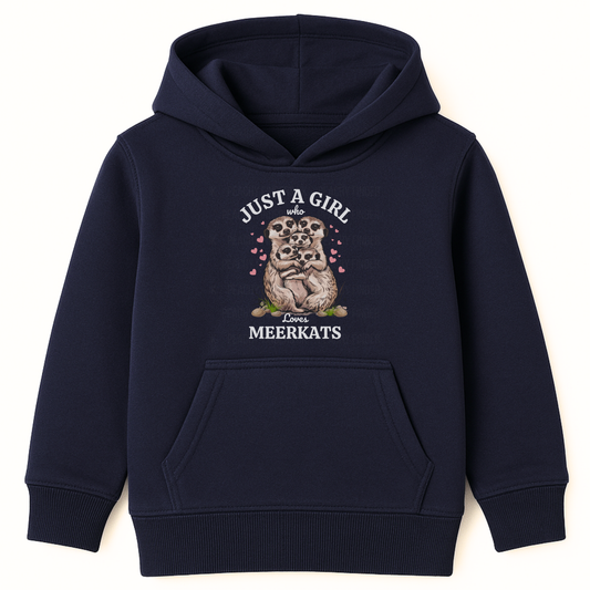 Girls navy hoodie featuring “Just a Girl Who Loves Meerkats” text and cute meerkat family surrounded by pink hearts, displayed on a white background.