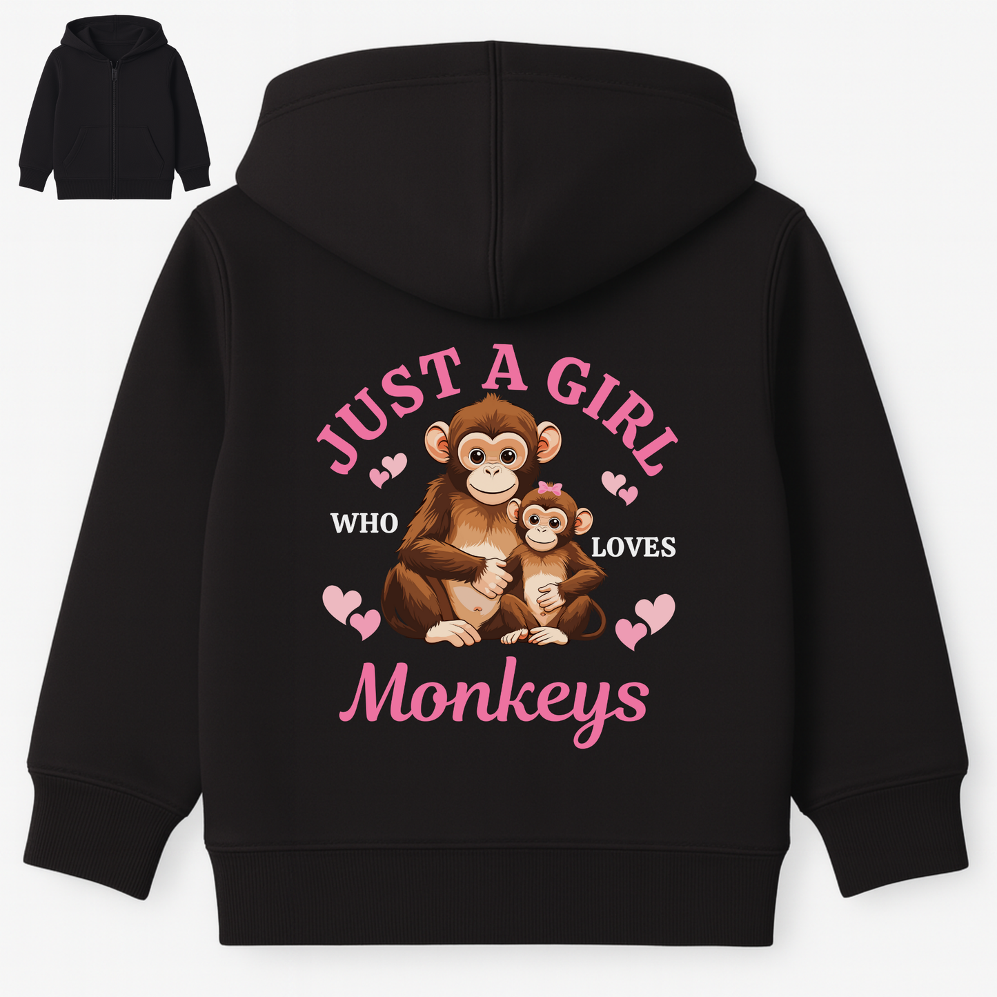 Girls black zip hoodie with a back print of "Just a girl who loves monkeys" front view with pockets