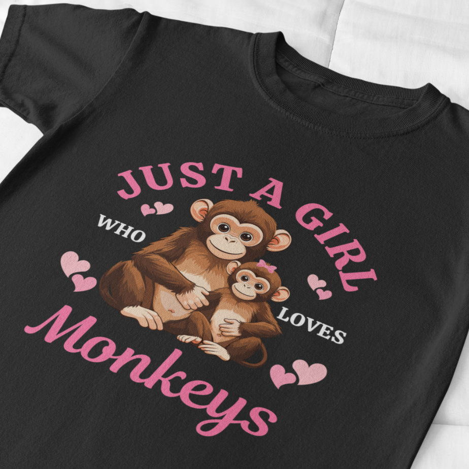 Kids black t-shirt with monkey graphic and text on a white background