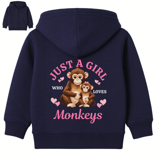 Girls navy zip hoodie with a back print of "Just a girl who loves monkeys" front view with pockets