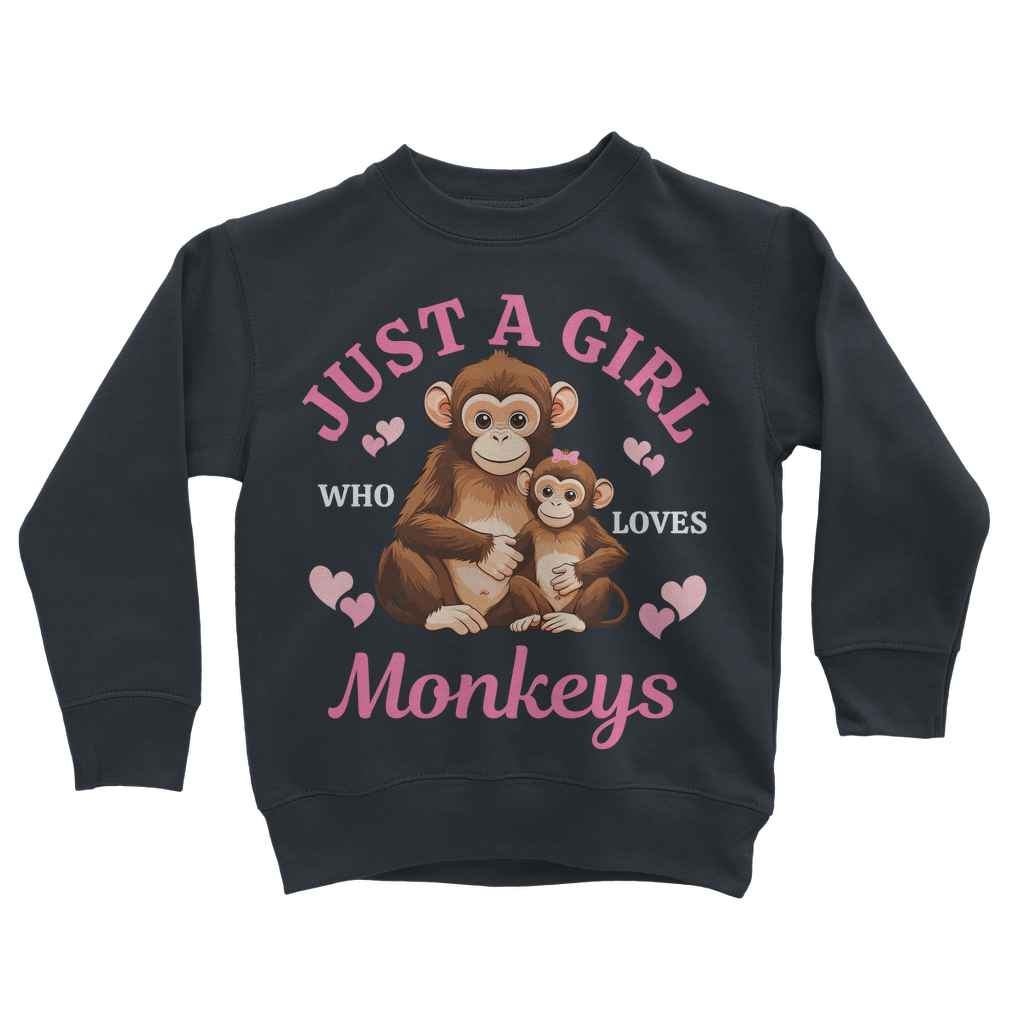 Kids navy blue sweatshirt with 'Just a girls who loves monkeys' printed graphic.