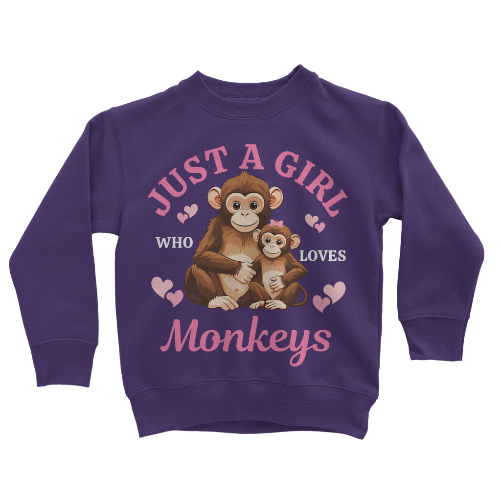 Kids purple sweatshirt with 'Just a girls who loves monkeys' printed graphic.