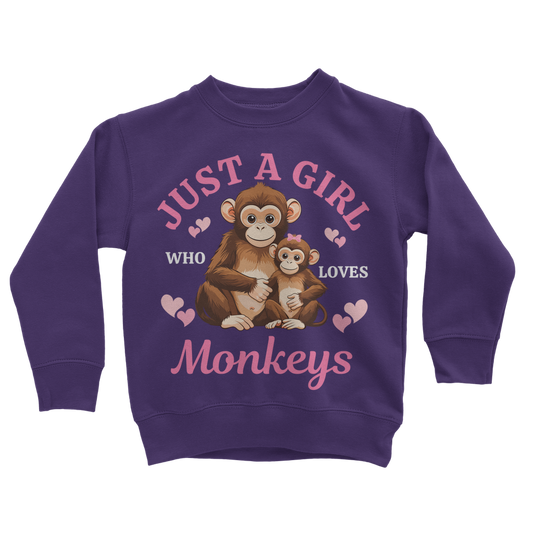 Kids purple sweatshirt with 'Just a girls who loves monkeys' printed graphic.