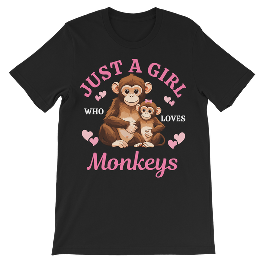Kids black t-shirt with a cute monkey and baby monkey design, hearts, and "Just a Girl Who Loves Monkeys" slogan in pink