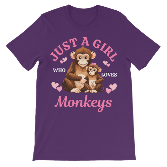 Kids purple t-shirt with a cute monkey and baby monkey design, hearts, and "Just a Girl Who Loves Monkeys" slogan in pink