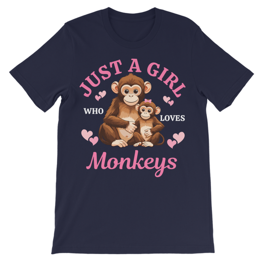 Kids navy blue t-shirt with monkey graphic and text on a white background