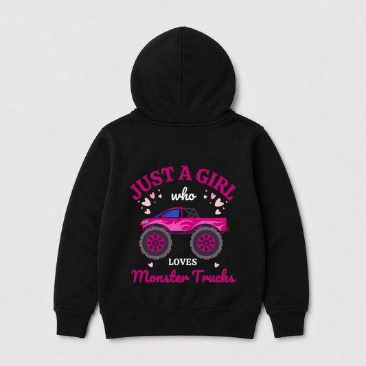 Girls zip hoodie shown from the back, featuring a graphic print of a pink monster truck and the text 'JUST A GIRL who LOVES Monster Trucks' in pink and white on a light grey background.