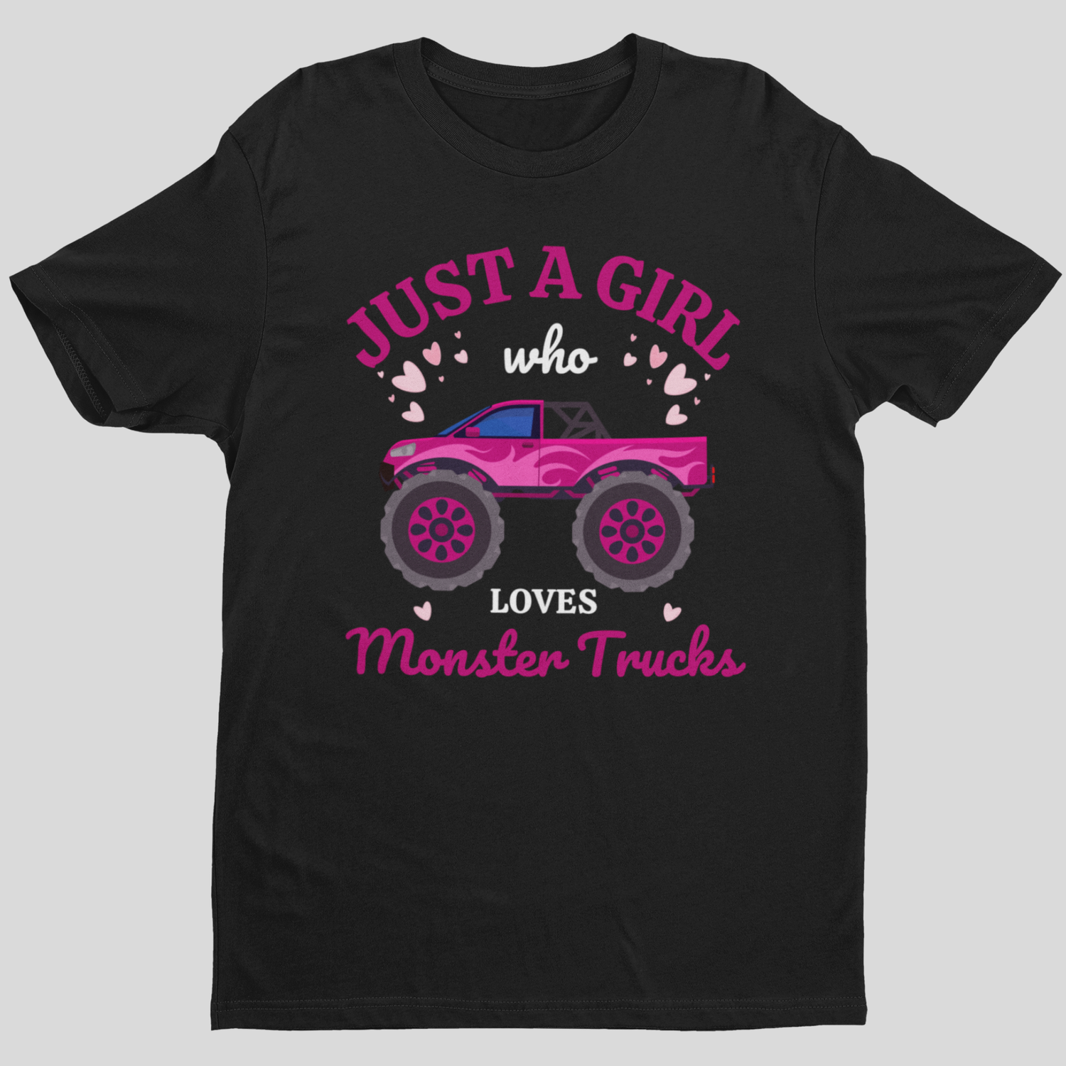 kids "Just A Girl Who Loves Monster Trucks" T-shirt with pink monster truck graphic