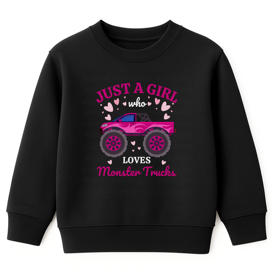 Black kids sweatshirt with pink “Just a Girl Who Loves Monster Trucks” monster truck and hearts graphic on the front