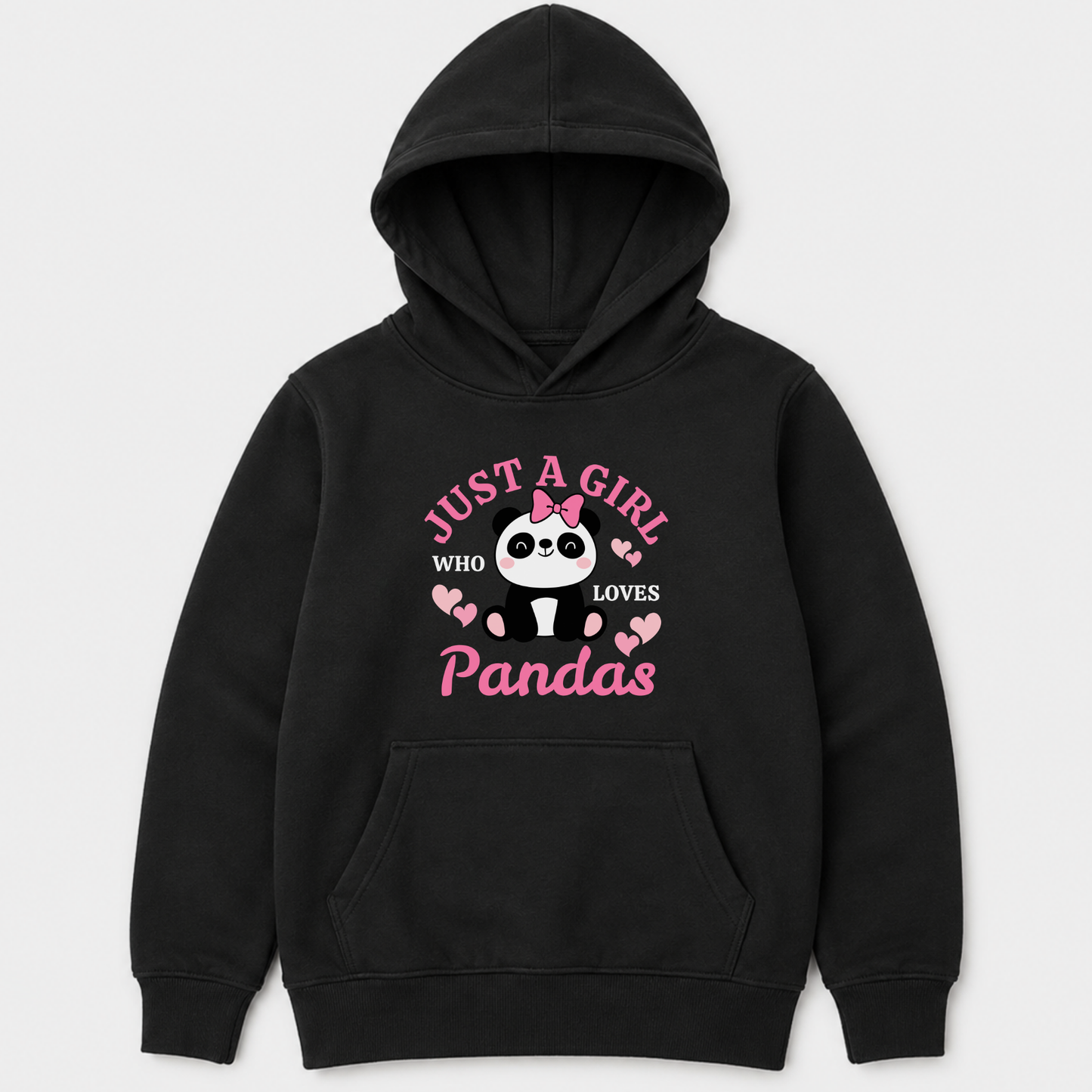 Girls panda hoodie in black with pink “Just a Girl Who Loves Pandas” lettering and sweet bow-topped panda
