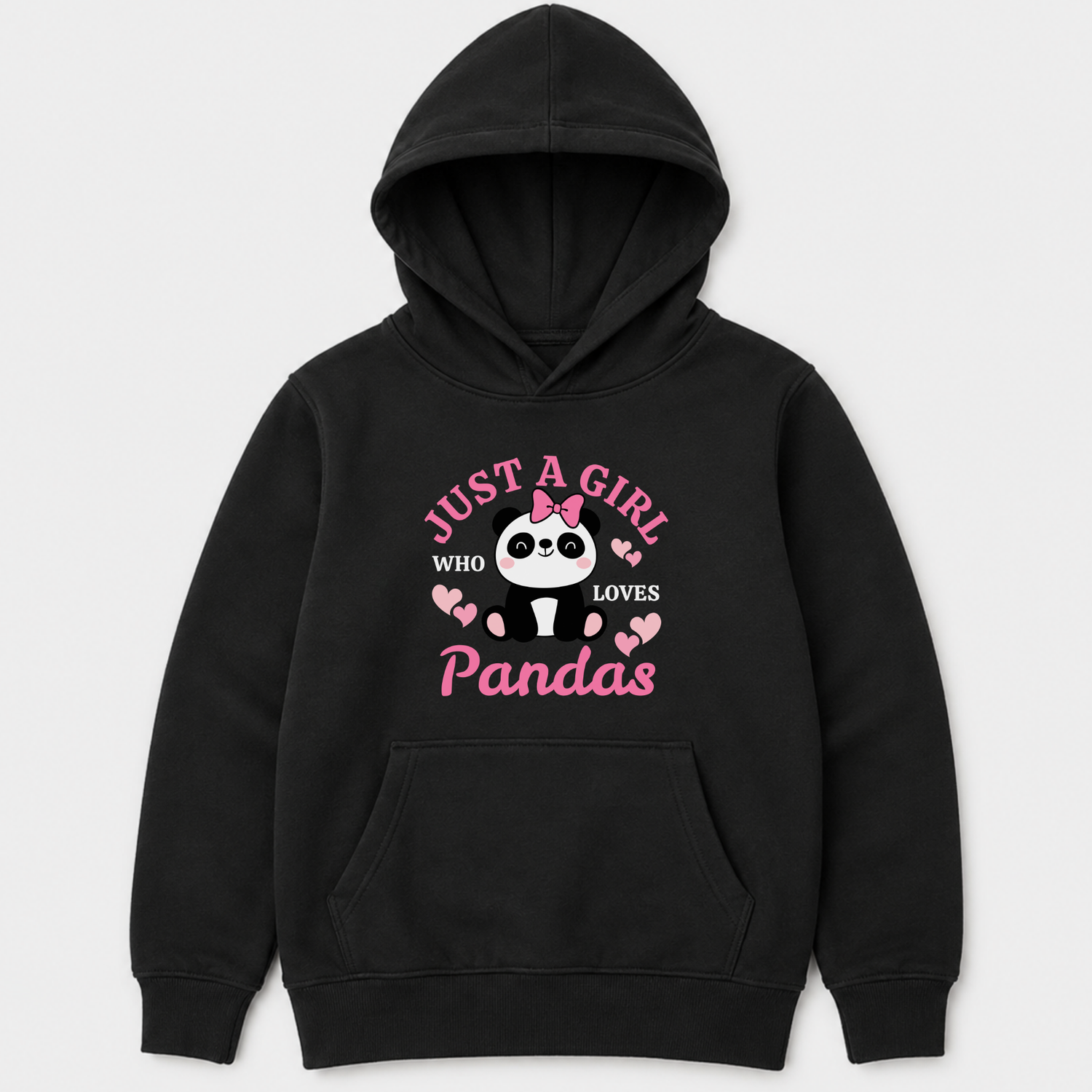 Girls panda hoodie in black with pink “Just a Girl Who Loves Pandas” lettering and sweet bow-topped panda