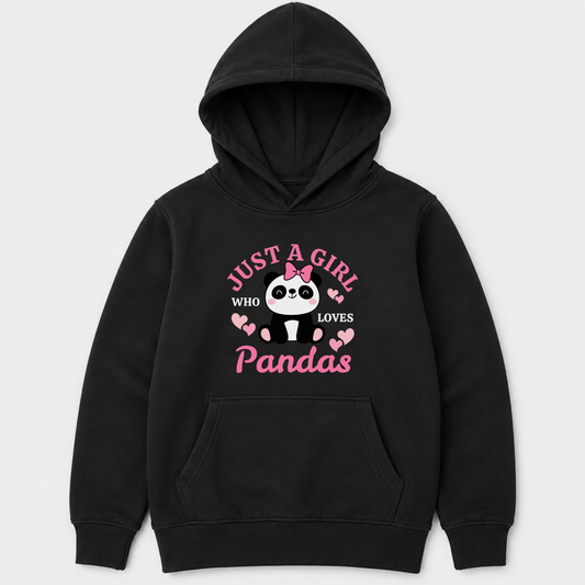 Girls panda hoodie in black with pink “Just a Girl Who Loves Pandas” lettering and sweet bow-topped panda