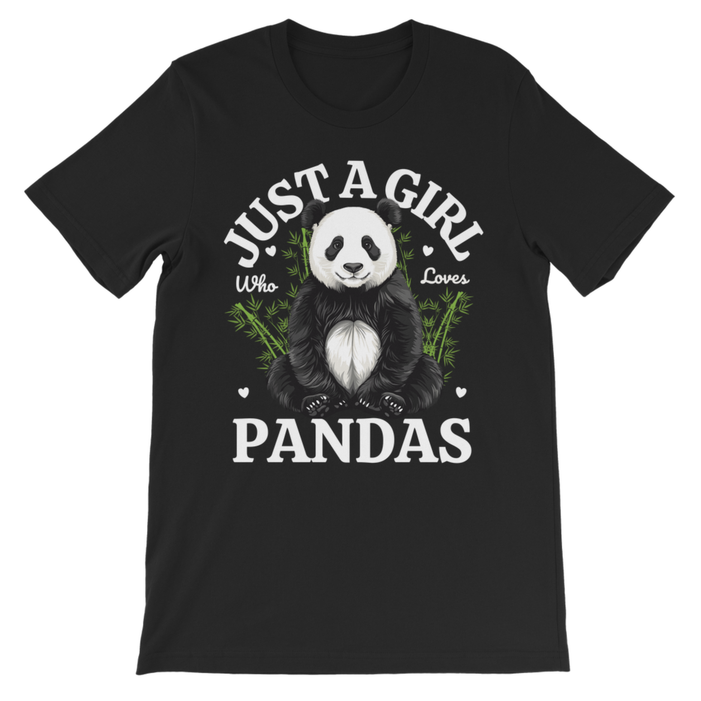 Girls black t-shirt with a panda design and text on a white background