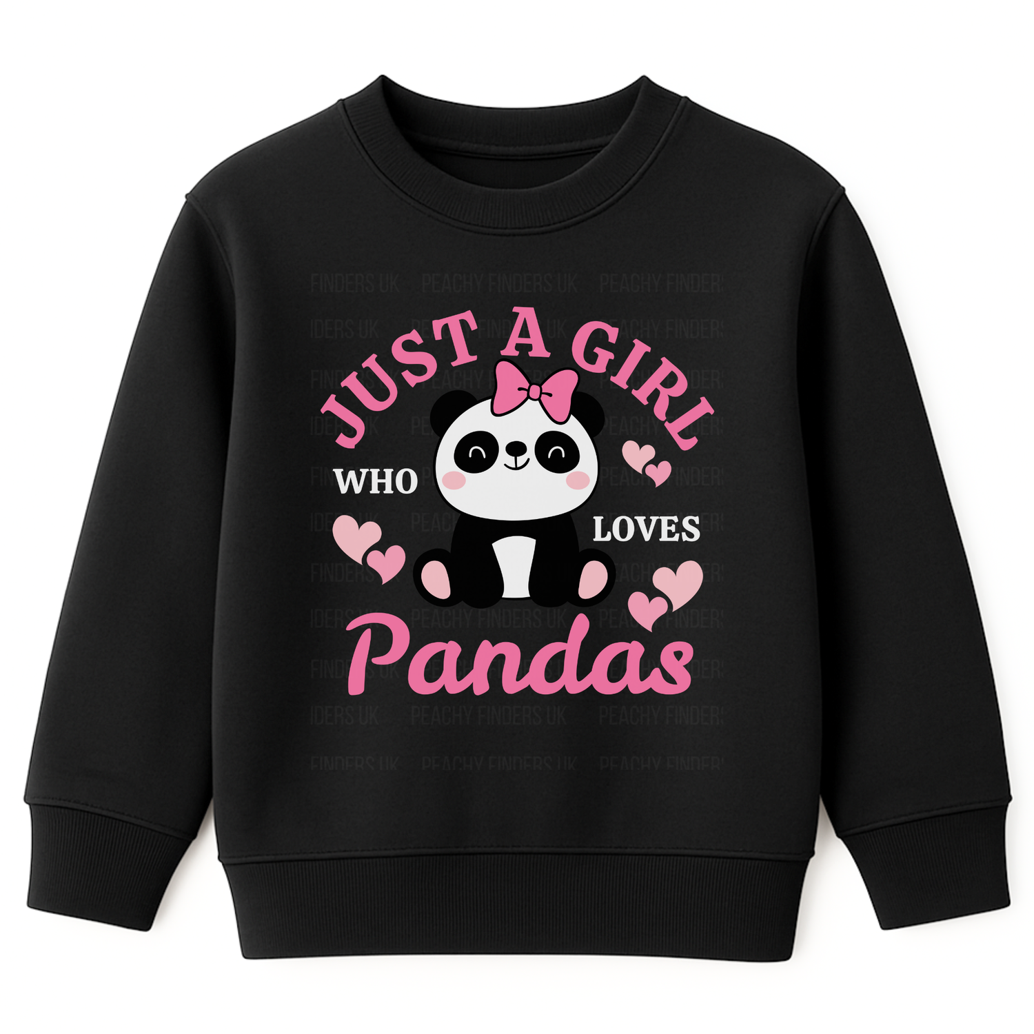 Girls sweatshirt in black featuring a “Just a Girl Who Loves Pandas” slogan and cute panda illustration with hearts print on the front.
