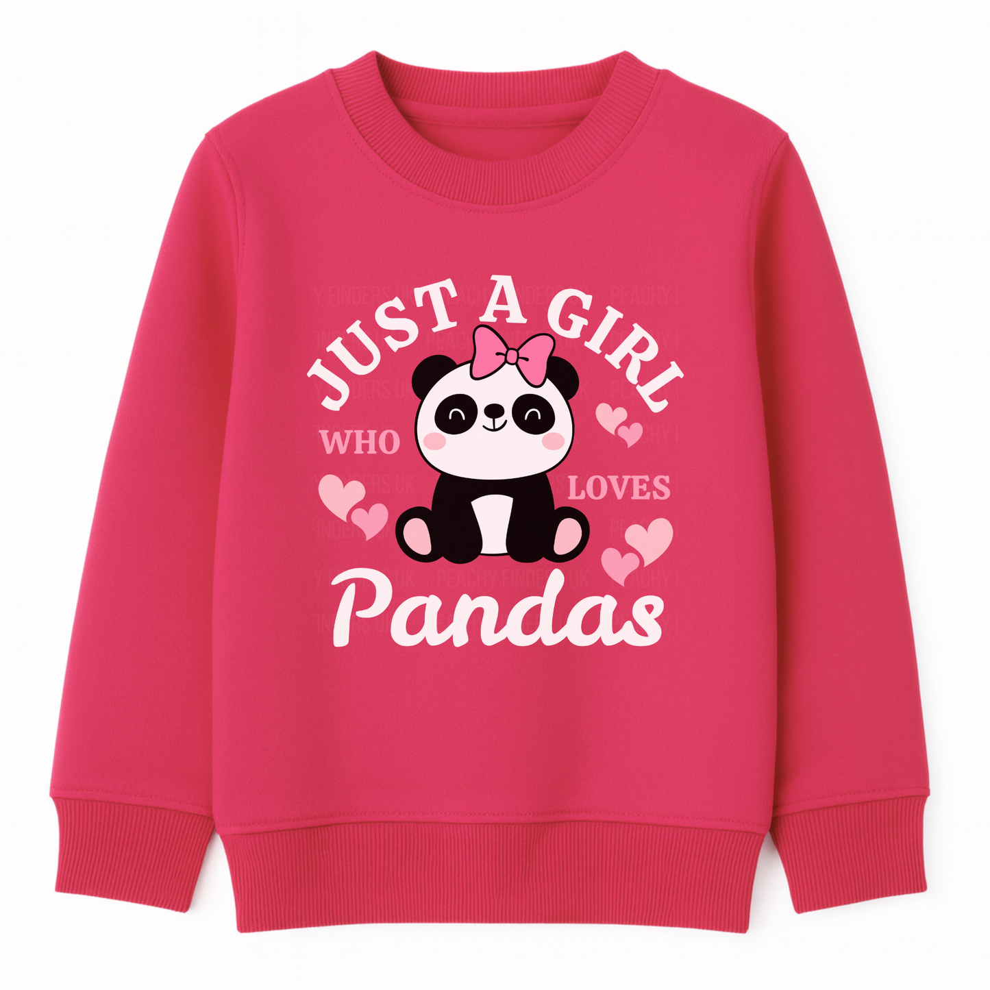 Hot pink girls sweatshirt with “Just a Girl Who Loves Pandas” slogan and cute panda illustration with hearts.