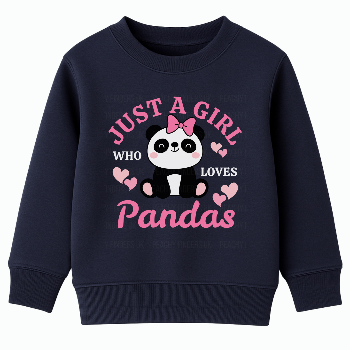 Girls sweatshirt in navy featuring a “Just a Girl Who Loves Pandas” slogan and cute panda illustration with hearts graphic print.