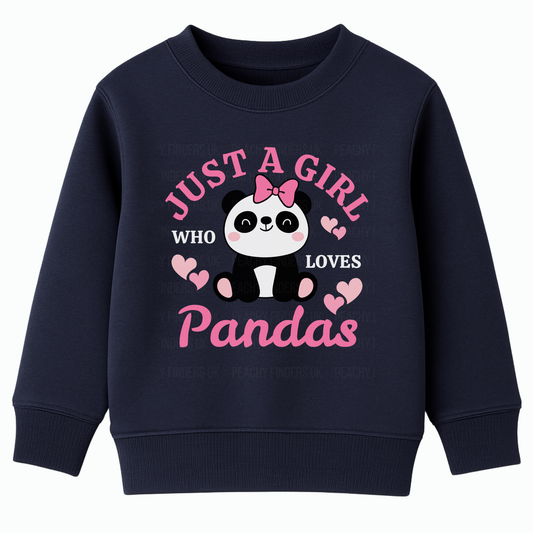 Girls sweatshirt in navy featuring a “Just a Girl Who Loves Pandas” slogan and cute panda illustration with hearts graphic print.