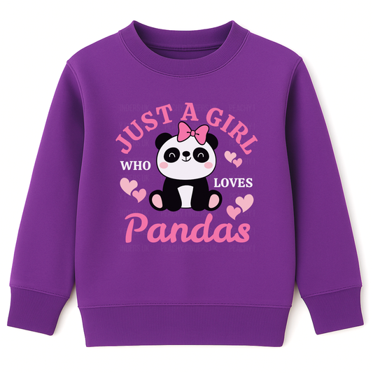 Purple girls sweatshirt with “Just a Girl Who Loves Pandas” slogan and cute panda illustration