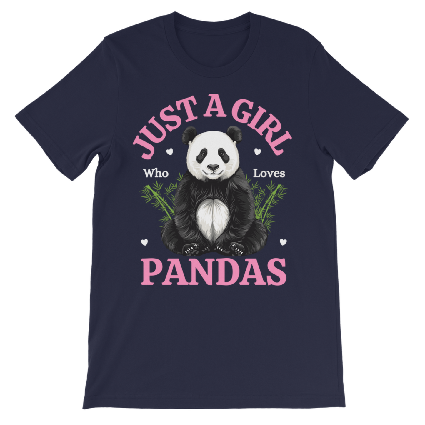 Navy blue girls cotton t-shirt with “Just A Girl Who Loves Pandas” pink slogan and panda graphic, children’s tee flat lay product image