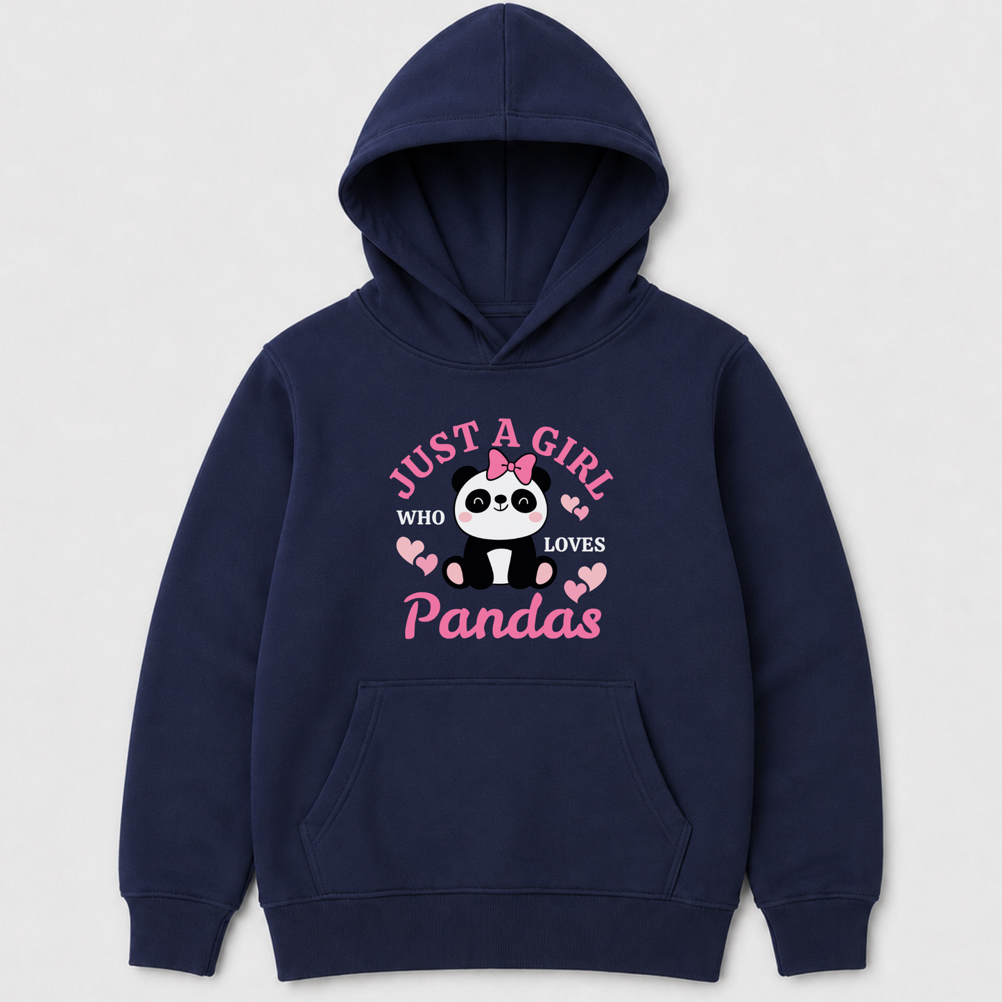 Girls navy pullover hoodie with pink “Just a Girl Who Loves Pandas” text and cartoon panda with hearts