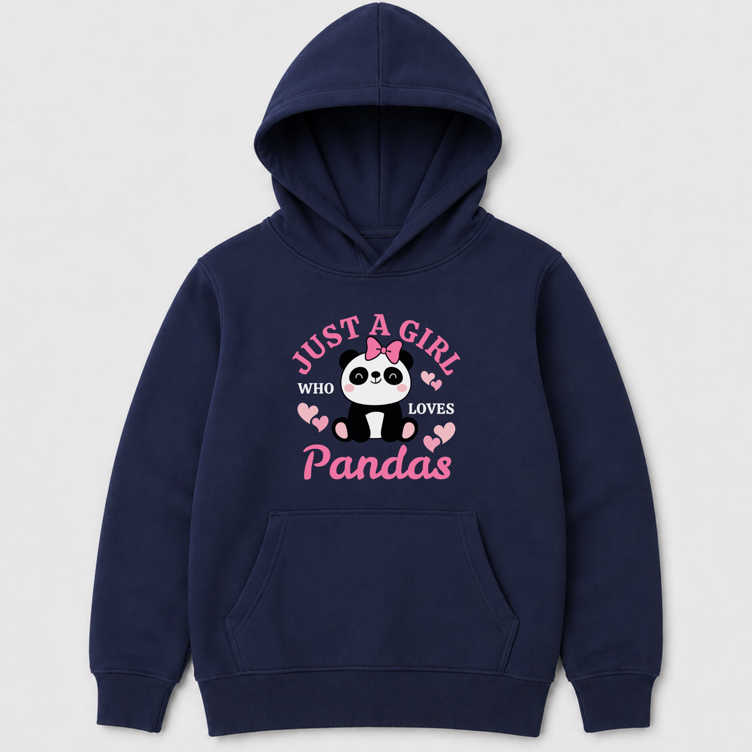 Girls navy pullover hoodie with pink “Just a Girl Who Loves Pandas” text and cartoon panda with hearts