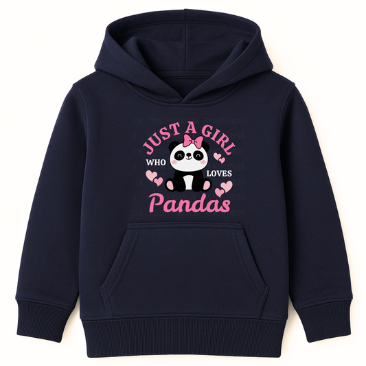 Girls navy pullover hoodie with pink “Just a Girl Who Loves Pandas” text and cartoon panda with hearts