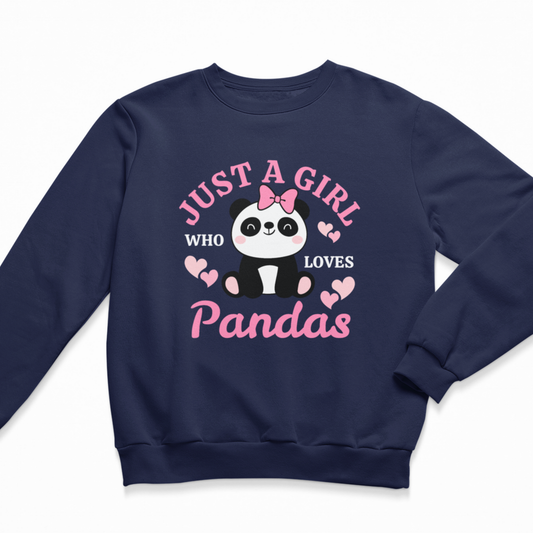 Girls sweatshirt in navy featuring a “Just a Girl Who Loves Pandas” slogan and cute panda illustration with hearts graphic print.