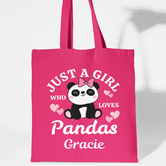 Pink tote bag with a panda design and text on a white background
