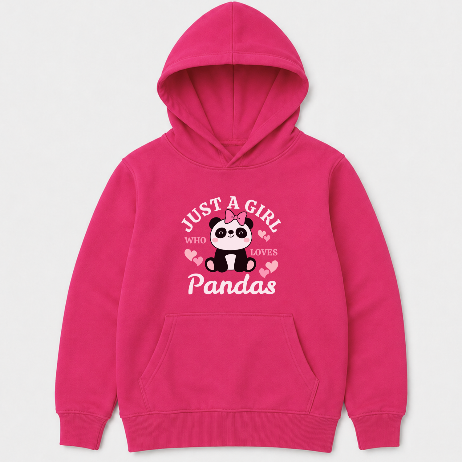 Girls hot pink hoodie with “Just a Girl Who Loves Pandas” design and cute bow-wearing panda graphic