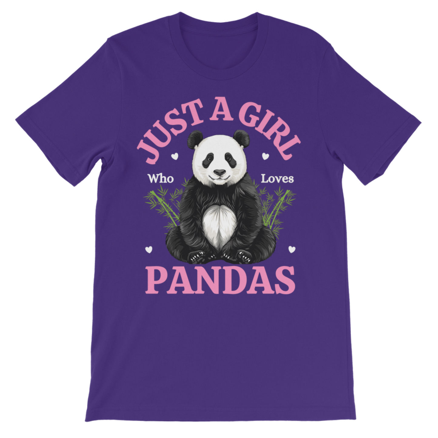 Purple girls cotton panda t-shirt with bright pink “Just A Girl Who Loves Pandas” print, kids graphic tee flat lay