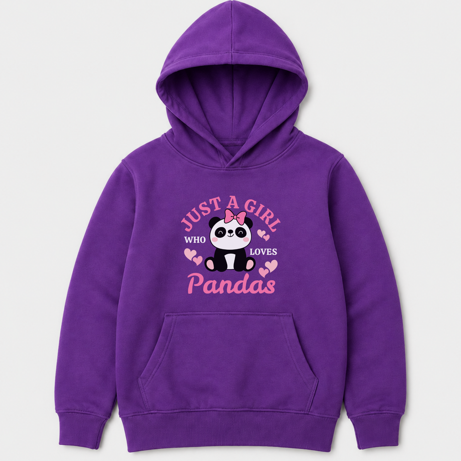 Purple girls hoodie with “Just a Girl Who Loves Pandas” print and smiling panda wearing a pink bow to the head surrounded by pink hearts