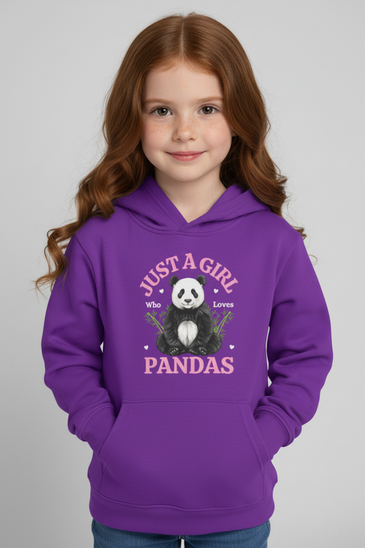 Girl modelling purple “Just a Girl Who Loves Pandas” hoodie for kids, front view with panda design visible.