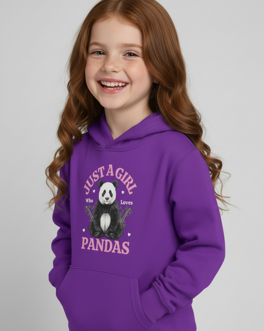 Side angle of girl wearing purple panda hoodie for kids, “Just a Girl Who Loves Pandas” design shown.