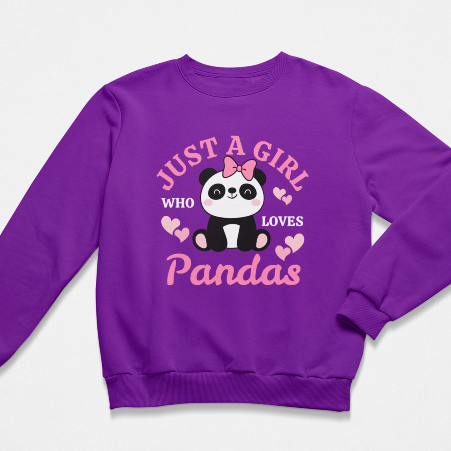 Girls purple sweatshirt featuring a “Just a Girl Who Loves Pandas” slogan and cute panda illustration with hearts graphic print.