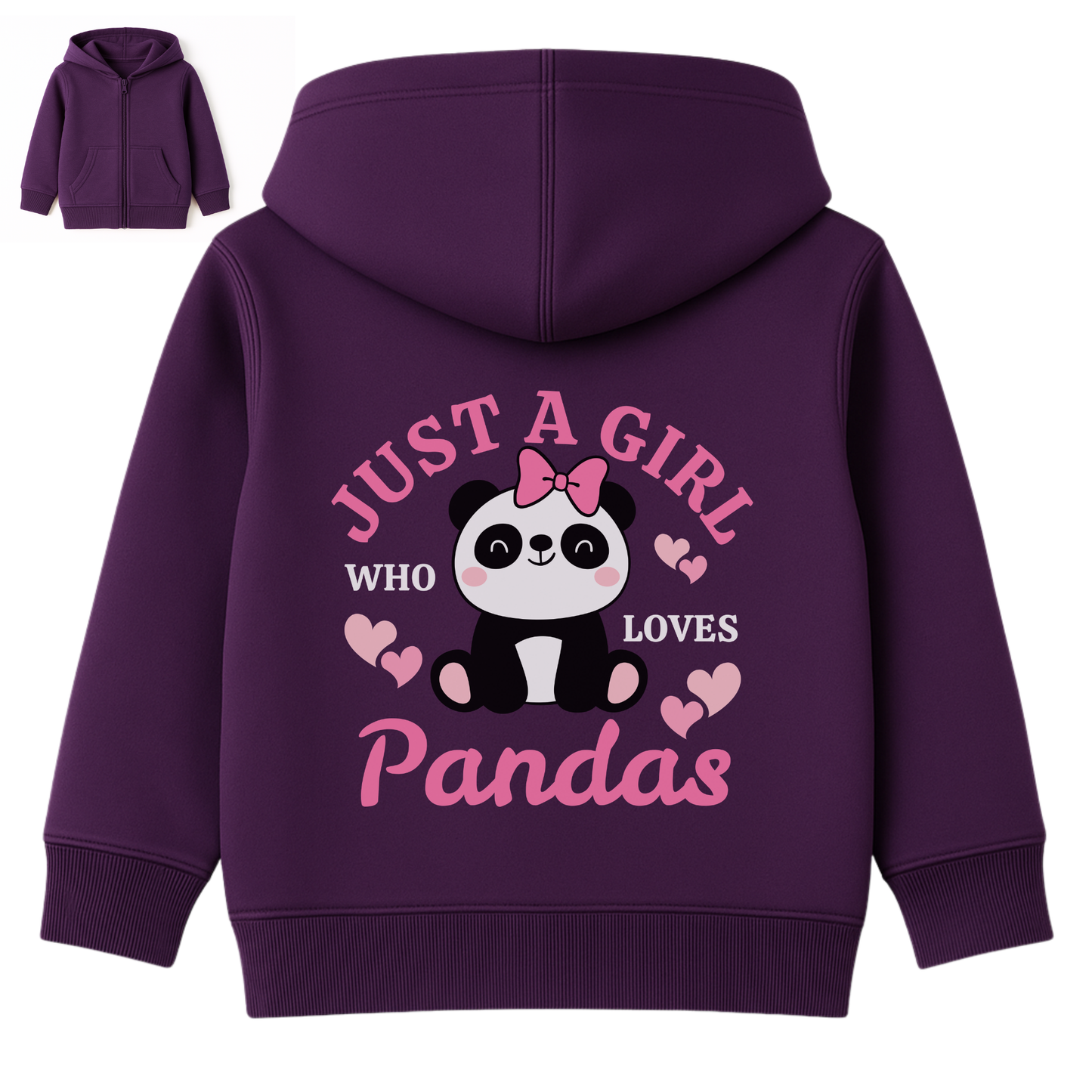 Purple kids zip hoodie with Just A Girl Who Loves Pandas back print featuring cute panda, pink bow and hearts