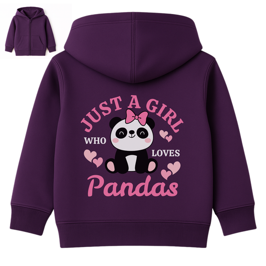 Purple kids zip hoodie with Just A Girl Who Loves Pandas back print featuring cute panda, pink bow and hearts