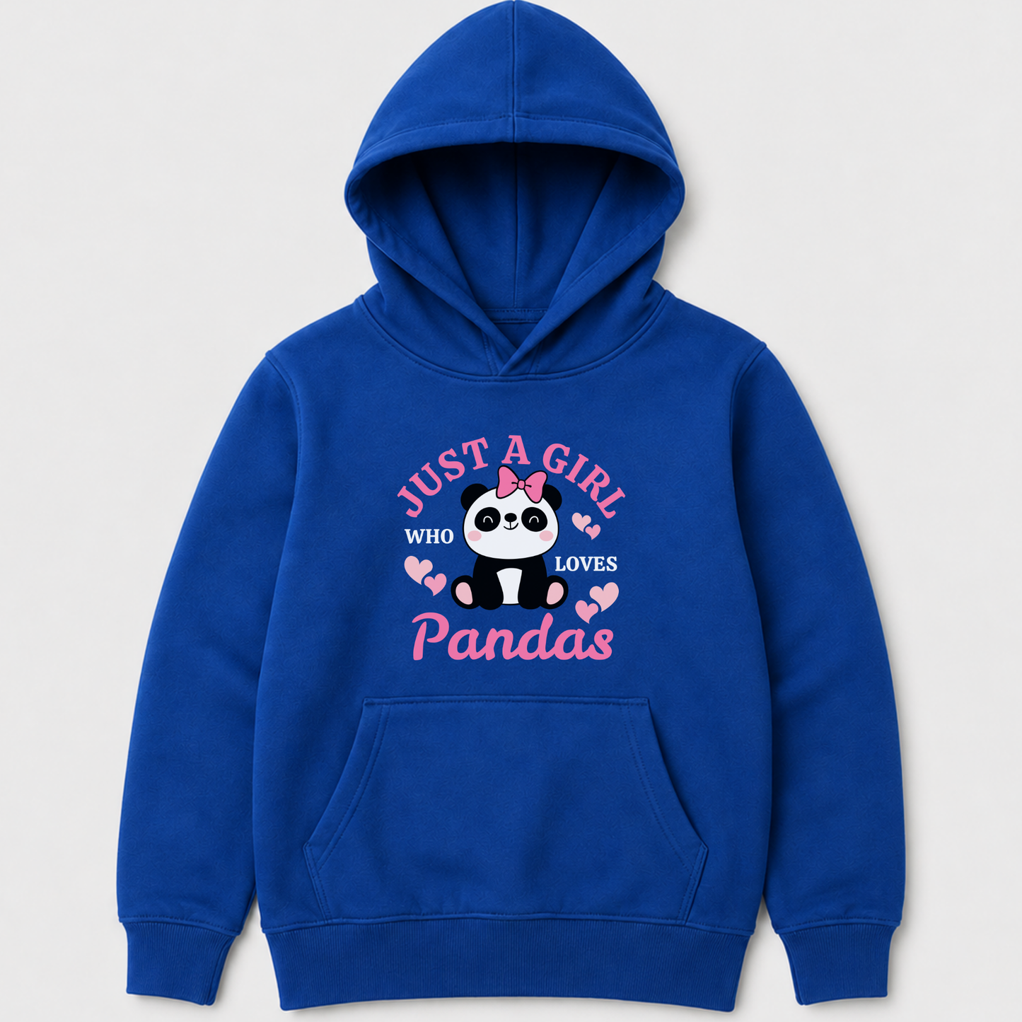 Royal blue kids hoodie showing “Just a Girl Who Loves Pandas” wording and cute panda character