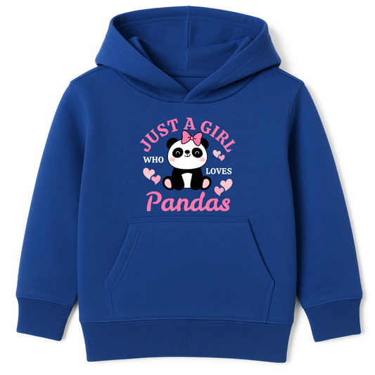 Royal blue kids hoodie showing “Just a Girl Who Loves Pandas” wording and cute panda character