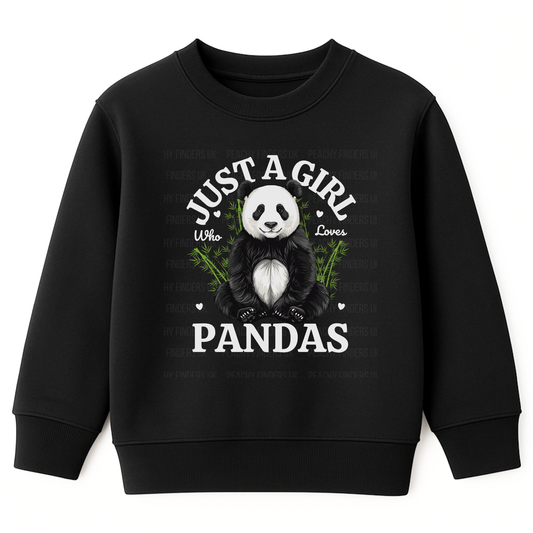 Girls black sweatshirt with "Just A Girl Who Loves Pandas" slogan and cute panda graphic