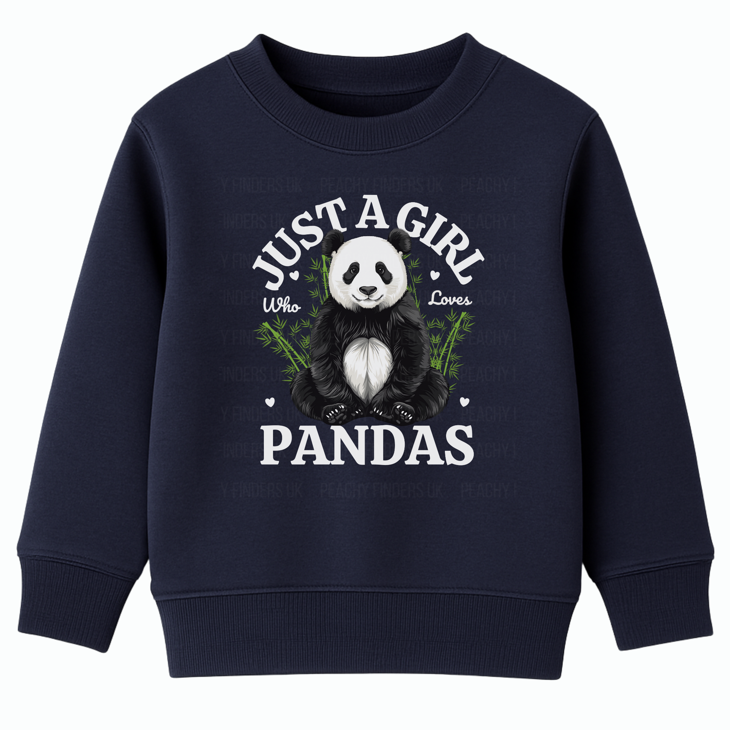Girls navy sweatshirt with "Just A Girl Who Loves Pandas" slogan and cute panda graphic
