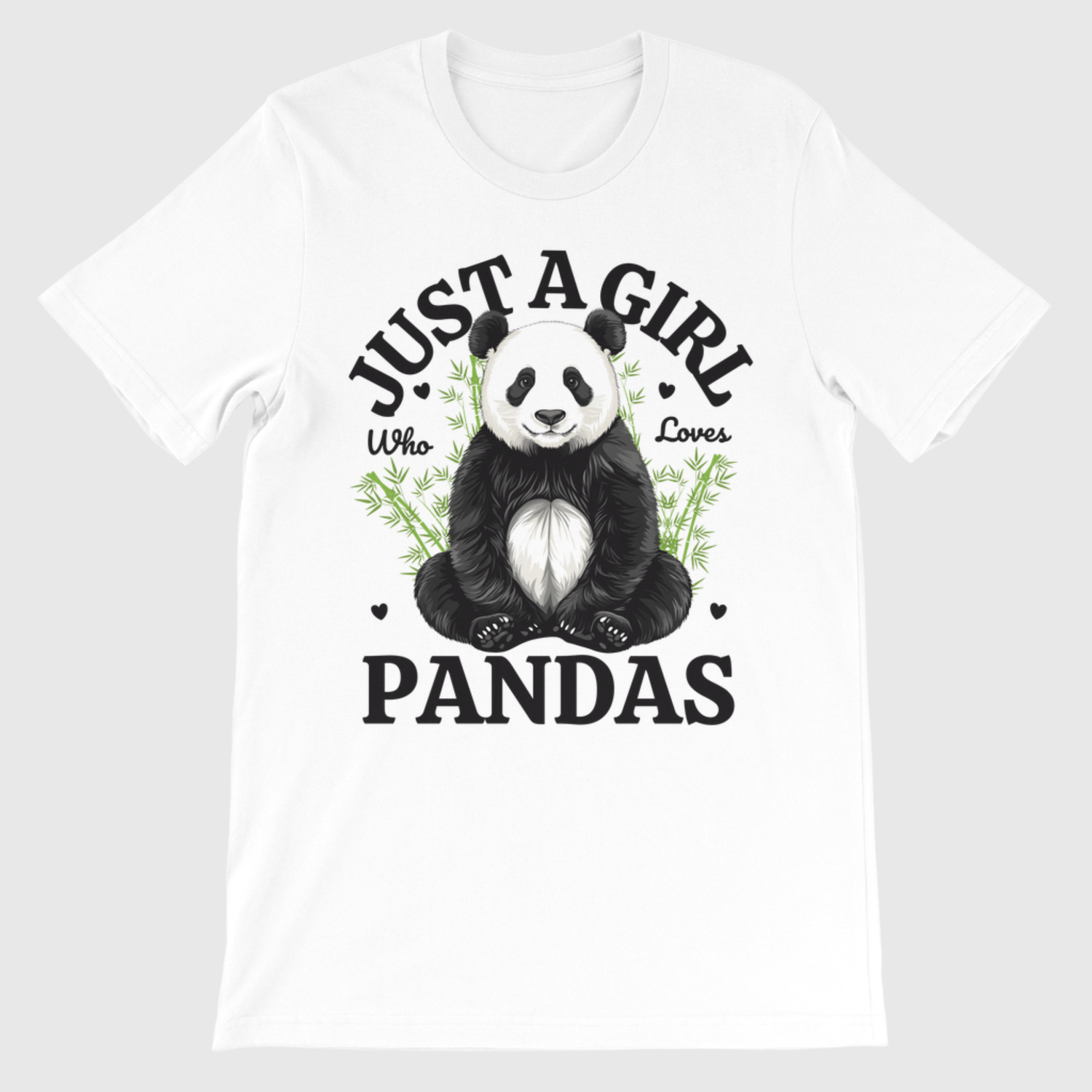 Girls white t-shirt with a panda design and text on a white background