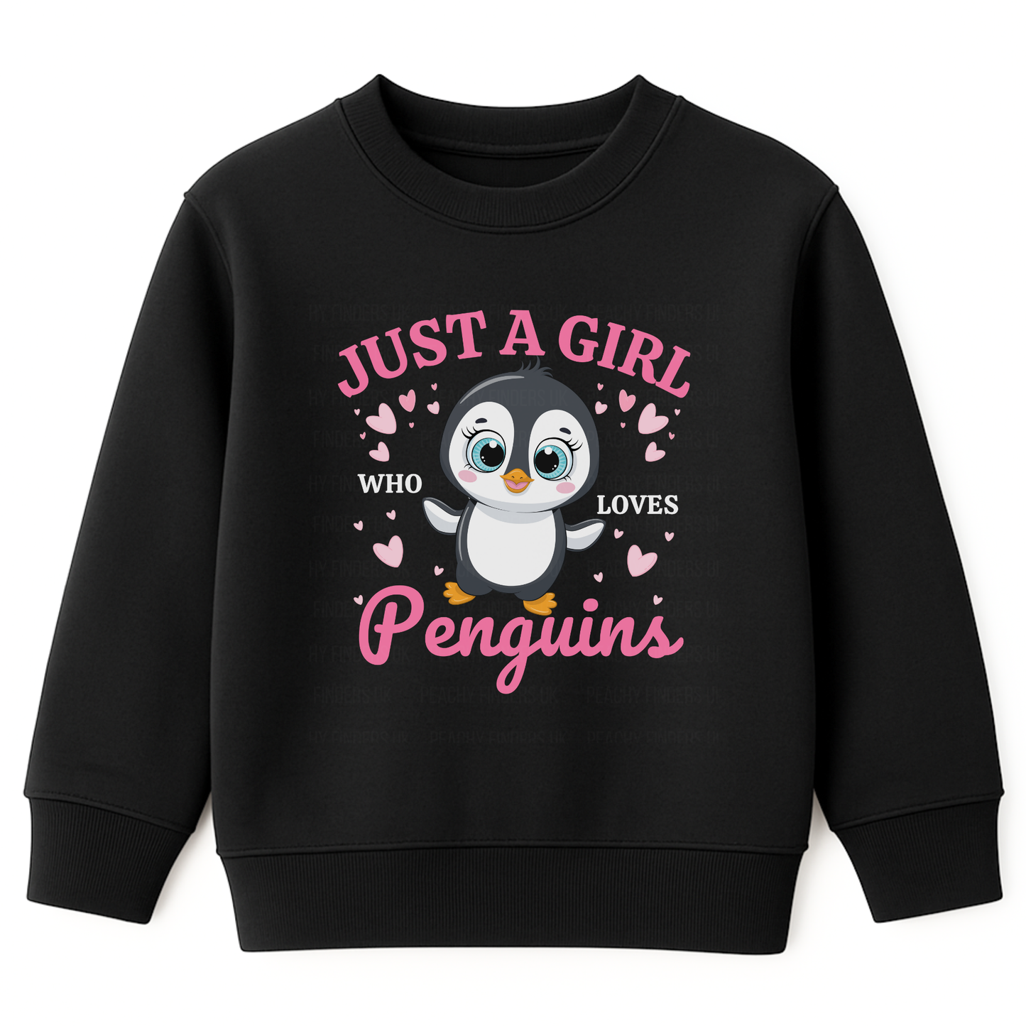 Girls black sweatshirt featuring a cute cartoon penguin and hearts design with pink and white text saying “Just a Girl Who Loves Penguins”.