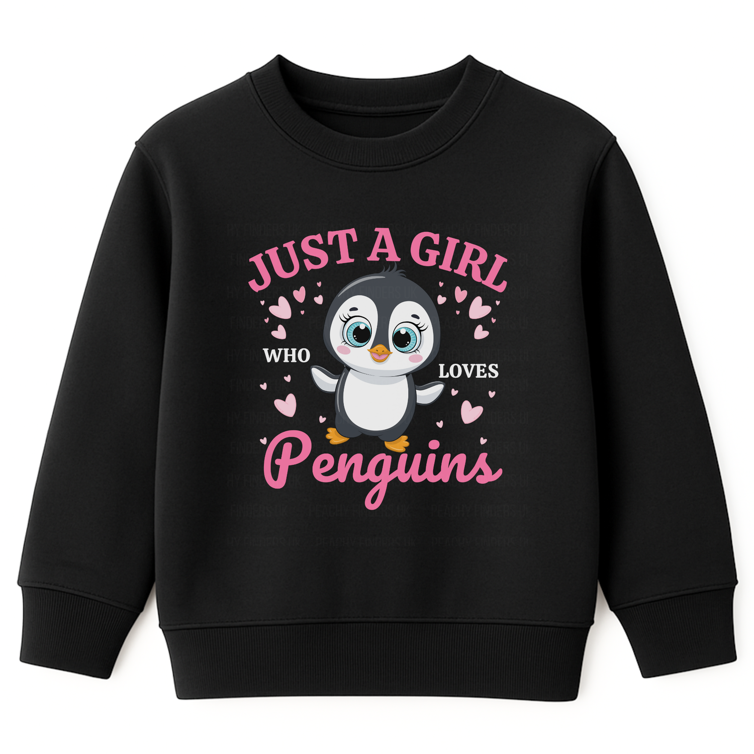 Girls black sweatshirt featuring a cute cartoon penguin and hearts design with pink and white text saying “Just a Girl Who Loves Penguins”.