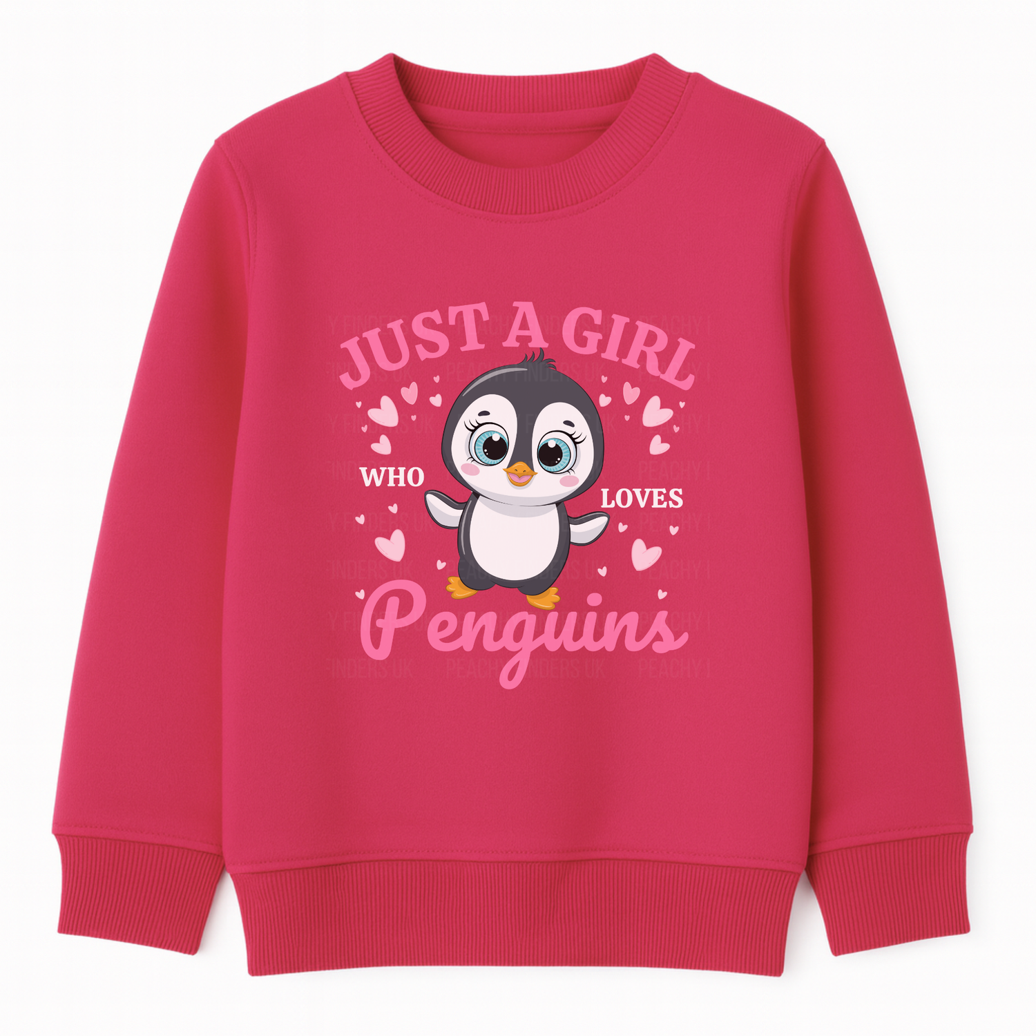 Girls hot pink sweatshirt featuring a cute cartoon penguin and hearts design with pink and white text saying “Just a Girl Who Loves Penguins”.